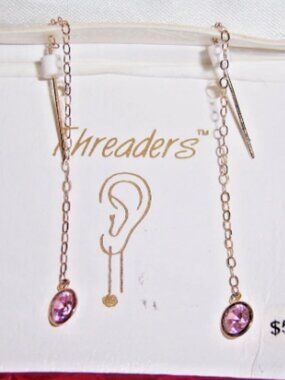 Vintage 14K Yellow Gold PINK Stone Threader Earrings JACMEL NEW in Box